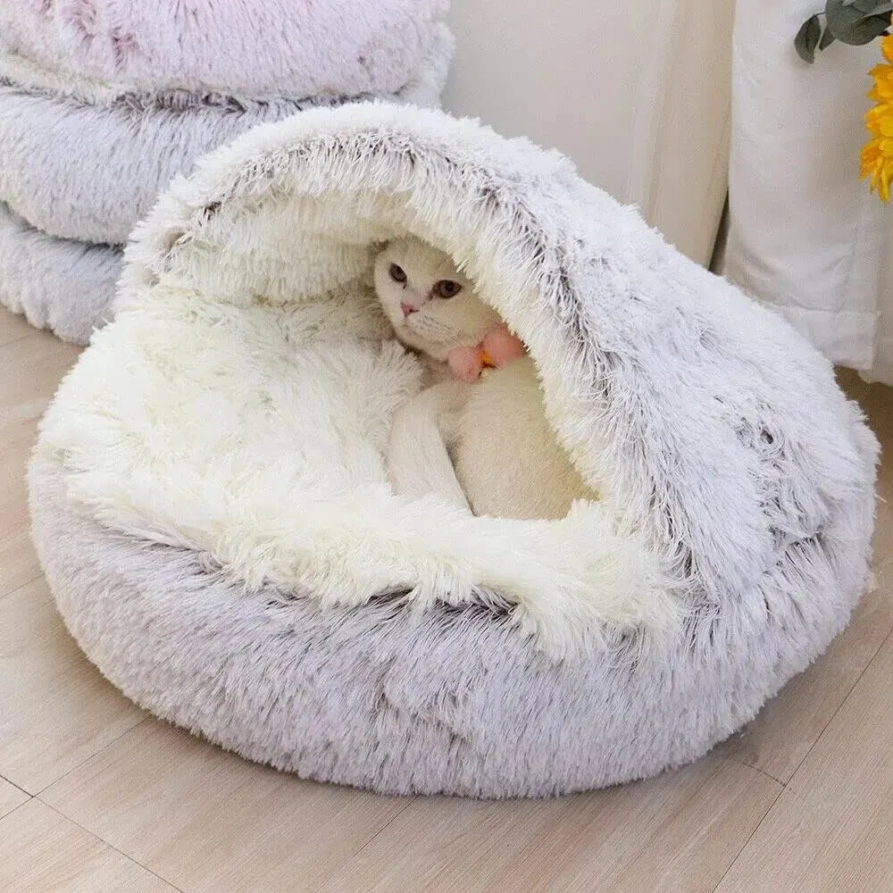 Pet Round Fluffy Plush Hooded Bed