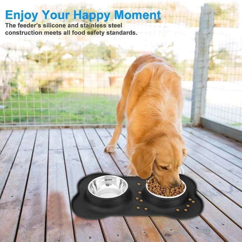 Dog Antislip Silicone Mat Double Bowl