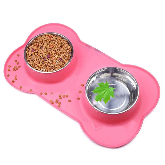 Dog Antislip Silicone Mat Double Bowl