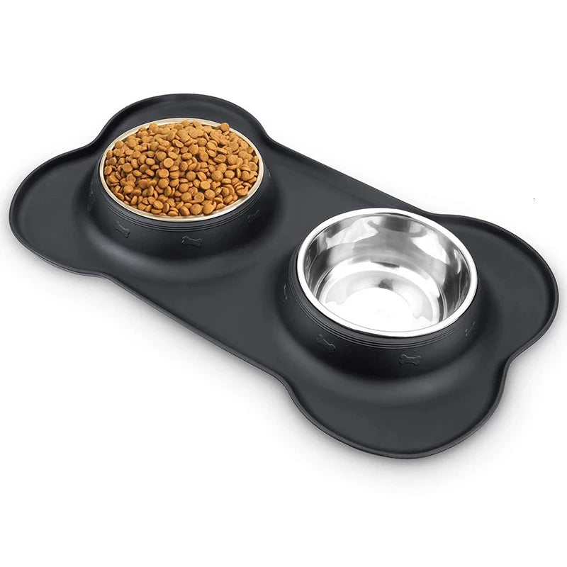 Dog Antislip Silicone Mat Double Bowl